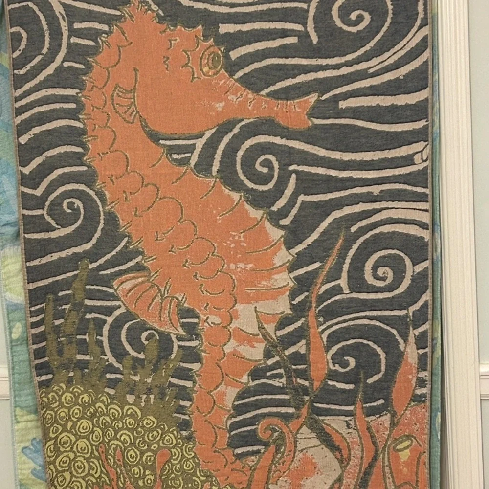 Seahorse Towel + Tapestry in Coral Orange Deep Blue + Lime Green Size 38” x 68”